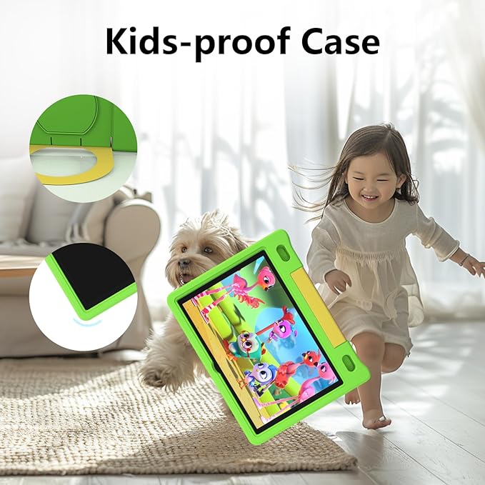 JREN Kids Table 10.1" |Android 14 Tablet for Kids|64GB Storage|Octa-Core|WiFi |Cameras|Parental Control|Kids Content|Case Included Great Gift for Children Ages 3-12 Years Old Green