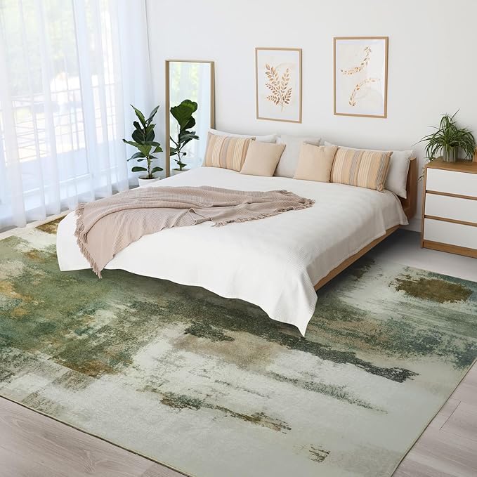 Kelarea Living Room Rug, 5x7 Rug Modern Abstract Washable Rugs Green Faux Wool Vintage Carpets, Non Slip Rug for Bedroom, Dining Room, College Dorm, Kids Playroom, Home Office