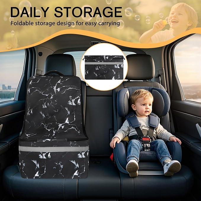 Car Seat Travel Bag for Airplane,Infant Seat Travel Bag with Shoulder Strap,Padded Car Seats Backpack with Reflective Stripes,Large Carseat Carrier Bag Travel Car Seat Cover, Black marble