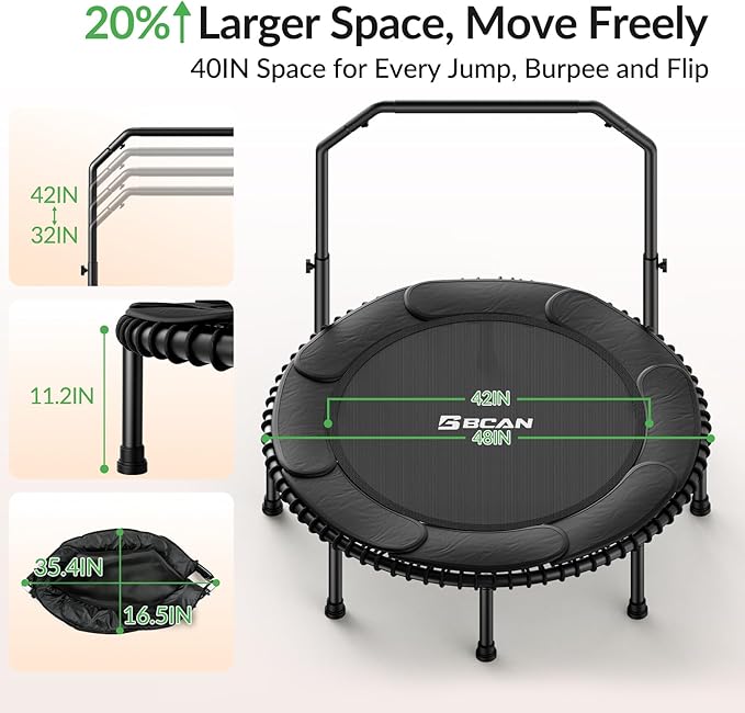 BCAN 40"/48" Mini Rebounder Trampoline for Adults with Bar, 450/550LBS Fitness Trampoline with Bungees, Adjustable Handle, Stable & Quiet, Indoor Outdoor, Whole-Body Workout & Relaxation at Home