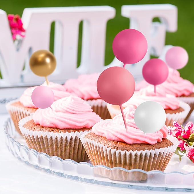 75 Pieces Cake Balls Topper Decorations Foam Cupcake Topper Mini Balloon Balls Cake Picks for Deco Birthday Party Wedding(Pink White Gold Series)