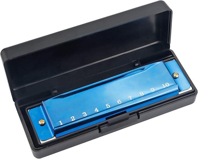 4PCS Key of C 10 Hole 10 Tones Titanium Color Harmonica with Case for Beginner Students Kids(Gold, Purple, Green, Blue)
