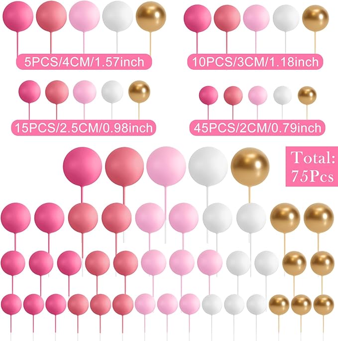 75 Pieces Cake Balls Topper Decorations Foam Cupcake Topper Mini Balloon Balls Cake Picks for Deco Birthday Party Wedding(Pink White Gold Series)