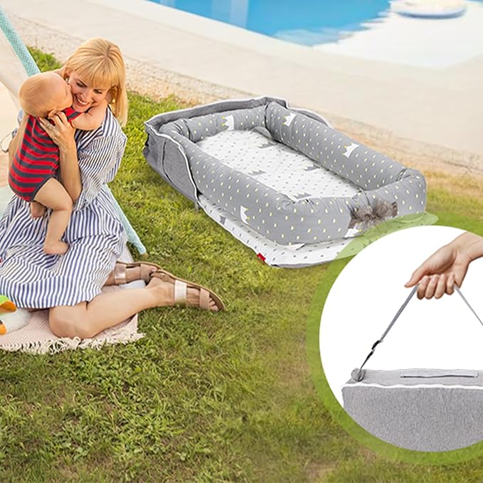 Baby Lounger for Newborn Portable Bag,Baby Nest Play Gym mat with Strap,Newborn Lounger Adjustable Size & Inner Zipper Lengthen Space to 24 Months(Letter Gray)