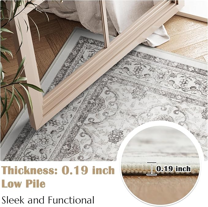 jinchan Runner Rug 2x7 - Machine Washable Beige Vintage Floral Distressed Design Soft Non-Slip Low-Pile Ultra-Thin Runner Rug for Kitchen Hallway Laundry Room Entryway Farmhouse (2‘x7',Beige)