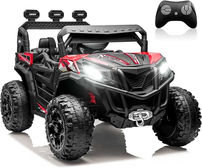 ANPABO 24V 4X4 Ride on Car Truck w/Remote Control, 4WD/2WD Switchable Kids UTV, 19" Spacious Seat, 4 Shock Absorbers, Soft Start, Music Player, Electric Car for Kids Ages 3+(Red)
