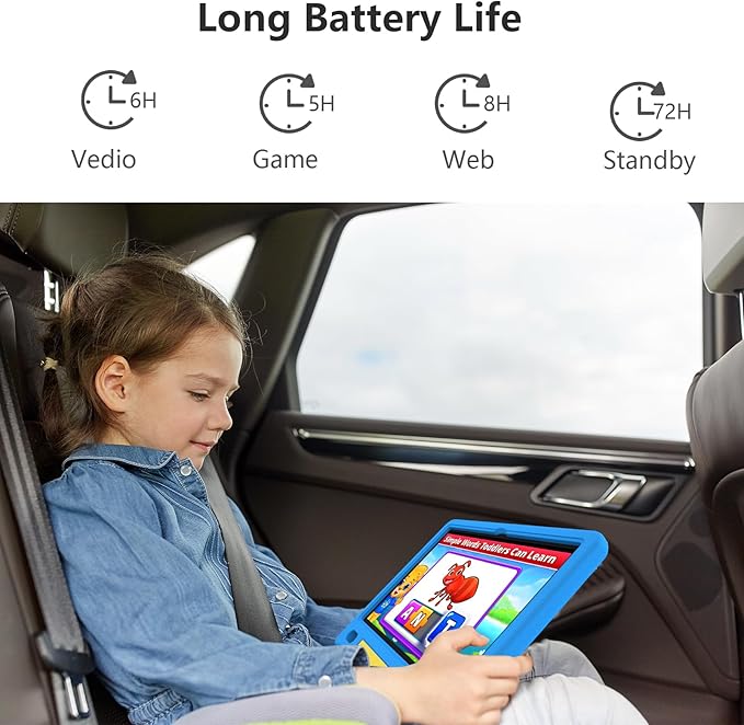 JREN Kids Table 10.1" |Android 14 Tablet for Kids|64GB Storage|Octa-Core|WiFi |Cameras|Parental Control|Kids Content|Case Included Great Gift for Children Ages 3-12 Years Old Blue