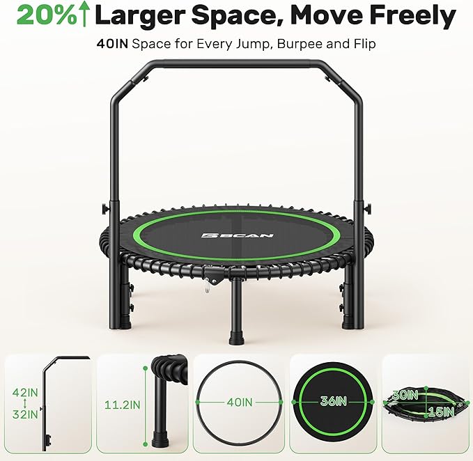 BCAN 40"/48" Mini Rebounder Trampoline for Adults with Bar, 450/550LBS Fitness Trampoline with Bungees, Adjustable Handle, Stable & Quiet, Indoor Outdoor, Whole-Body Workout & Relaxation at Home