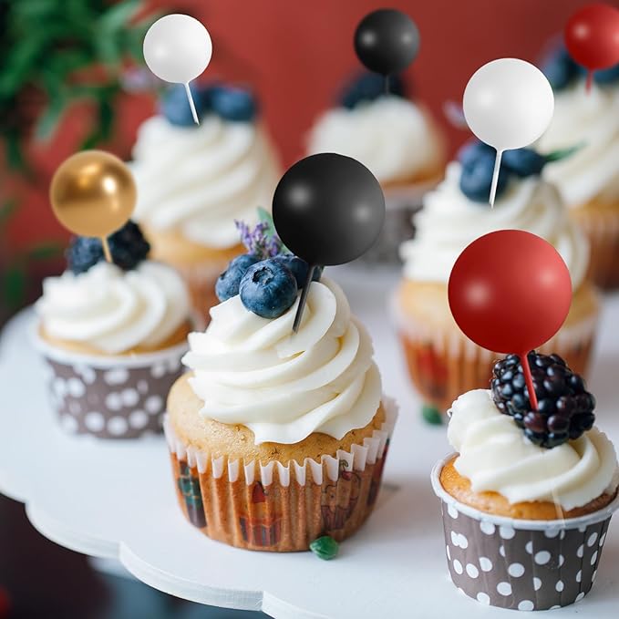 75 Pieces Cake Balls Topper Decorations Foam Cupcake Topper Mini Balloon Cake Topper Picks for Deco Birthday Party Wedding(Black, Red, Gold, White)