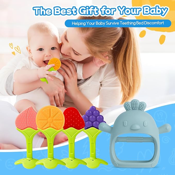 Baby Teething Toys(5 Pack) - Tinabless Infant Teething Keys&Silicone Teething Mitten for Babies Over 3 Months, BPA-Free, Natural Organic Freezer Safe for Infants and Toddlers(Blue)