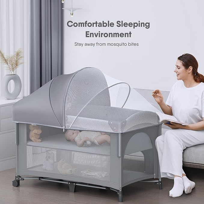 4 in 1 Baby Bassinet, Pack and Play, Bedside Crib Sleeper, Diaper Changer - Comes with Mattress, Mosquito Net,Bottom Storage and Toy Bar for Newborn to Toddles