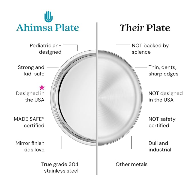 Ahimsa Stainless Steel Kids Dinnerware Set - 5 Piece Toddler Plates and Bowls Set, Pediatrician Designed, Includes Non Toxic Toddler Plate and Bowl, Kids Utensils and Cup (Classic Stainless Steel)