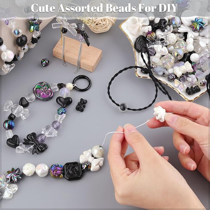 Assorted 170-230PCS Black Acrylic Beads for Bracelet Making, Flower Bow Butterfly Candy GummyBear Aesthetic Bracelet Charms,Cute Beads for Jewelry Making DIY Necklace Keychain Phone Charm