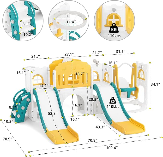 JOYLDIAS 10 in 1 Toddler Slide, Double Kid Climber Slide Playset w/Swing, Basketball Hoop, Telescope, Tunnel, Storage Space and Non-Slip Steps, Indoor Outdoor Backyard Playground Toy for Toddlers