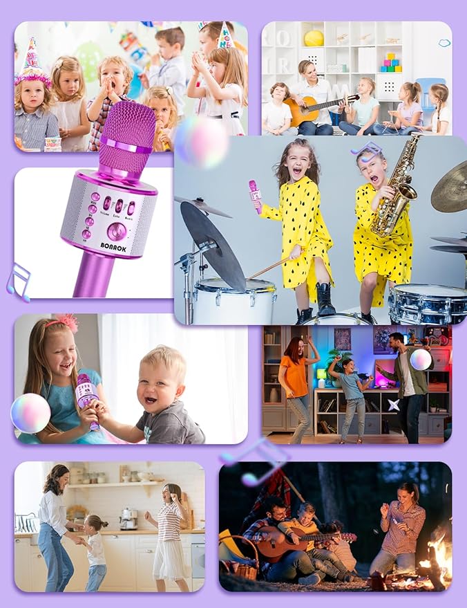 BONAOK Wireless Bluetooth Karaoke Microphone, Portable Toy Microphone for Singing, Gifts to Girls Boys Kids Adults All Age Q37(Bright Purple)