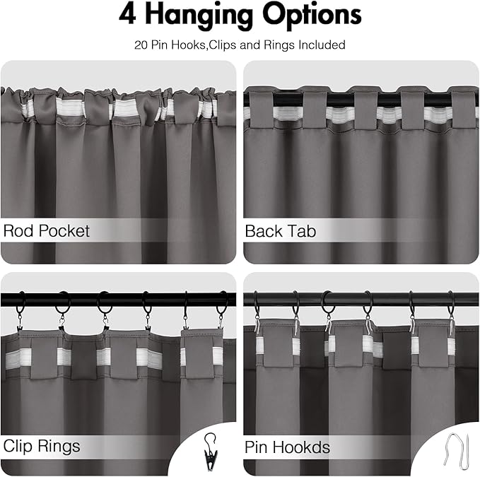 ANRODUO Back Tab Blackout Curtains for Bedroom Living Room, Rod Pocket Pinch Pleated Thermal Insulated Room Darkening Curtains 102 Inches Long 2 Panels, Grey, 52 x 102 Inch