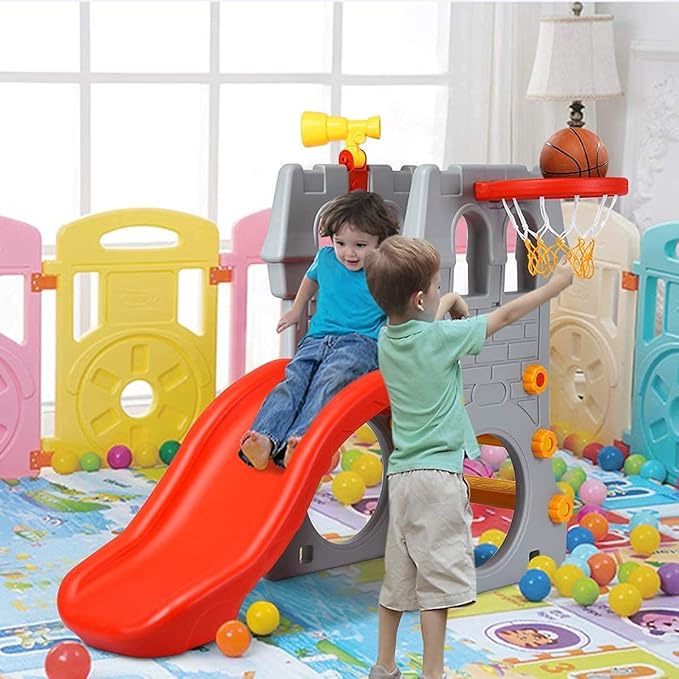 GLACER Toddler Slide, 5 in 1 Kids Climber Slide Playset w/Basketball Hoop, Telescope, Crawl Through Space, Easy Climb Stairs, Freestanding Slide Toddler Playground for Indoor and Outdoor
