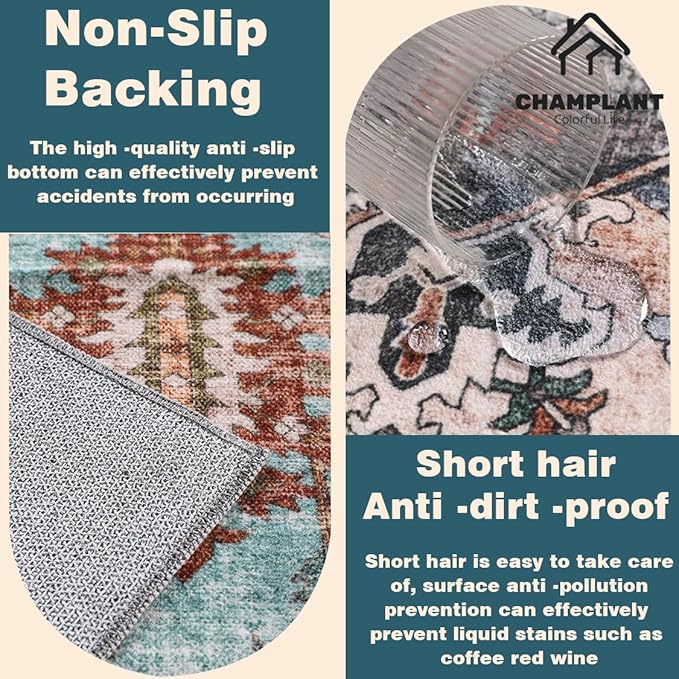 Beige Blue Area Rug 2'x3' Washable Rug Door Mat Vintage Distressed Doormat Indoor Entrance Traditional Thin Floral Print Non Slip Carpet for Kitchen Bathroom Bedroom Living Room