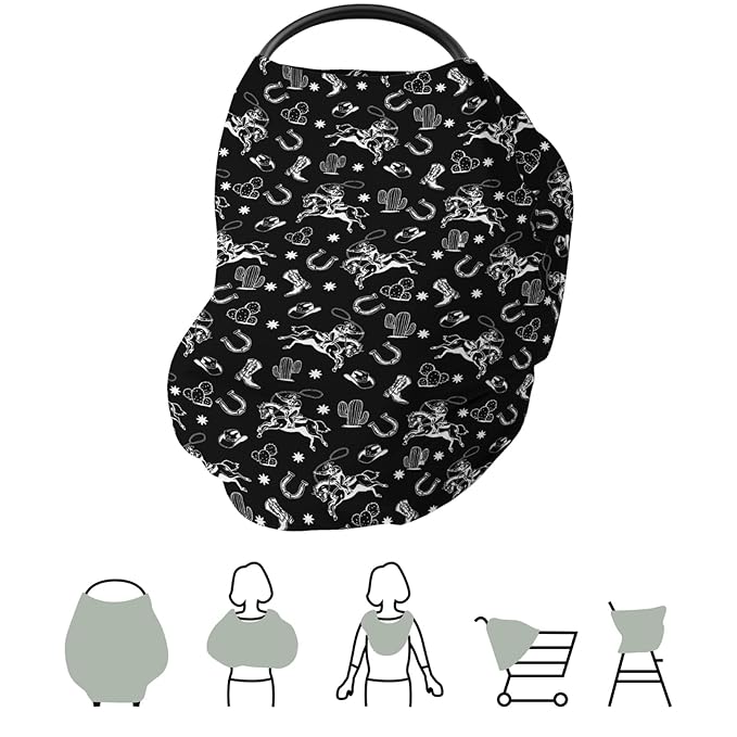 Country Western Car Seat Cover for Baby Cowboy Hat Boots Horse Cactus Stretchy 5-in-1 Covers Adjustable Car Canopy Breastfeeding Cover Wild West Desert Breathable Nursing Cover-Up