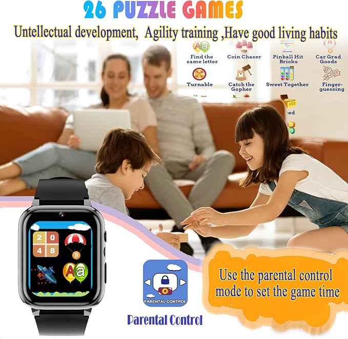 Goodatech 1.69'' Kids Smart Watch for Kids Boys Girls, Camera,26 Puzzle Games,Video Music Player,Pedometer,Alarm Clock, Learning Education Toys Gifts for 4-12 Years Children (Black)