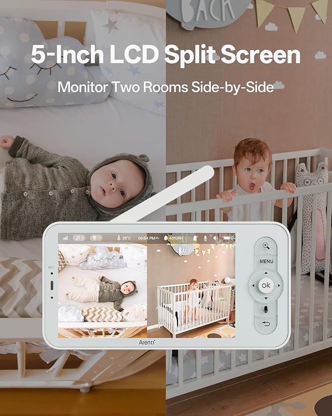 ARENTI Baby Monitor, Cry & Motion Detection, 2K Smart Baby Camera with 5-Inch Upgraded Wireless Display, Two Way Audio, Super Night Vision, Temp & Humidity Sensor, Lullabies