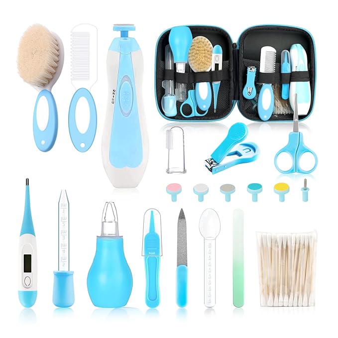 Baby Grooming Kit,Electric Safety Nail Trimmer Baby Nursery Kit,Infant Safety Care Set with Hair Brush Comb Nail Clipper Nasal Aspirator,Baby Essentials Kit for Newborn Girls Boys (21 PC-Blue Kit)