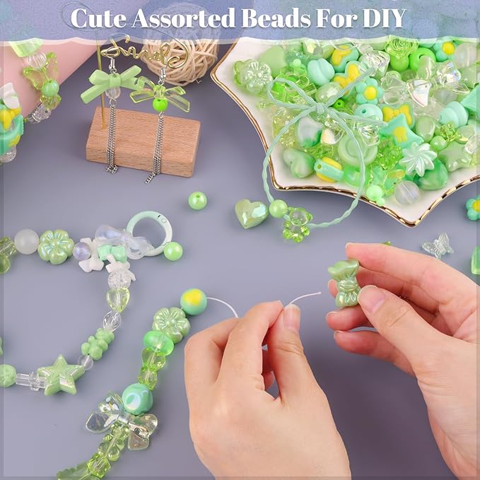 Assorted 170-230PCS Green Acrylic Beads for Bracelet Making, Flower Bow Butterfly Candy GummyBear Aesthetic Bracelet Charms,Cute Beads for Jewelry Making DIY Necklace Keychain Phone Charm