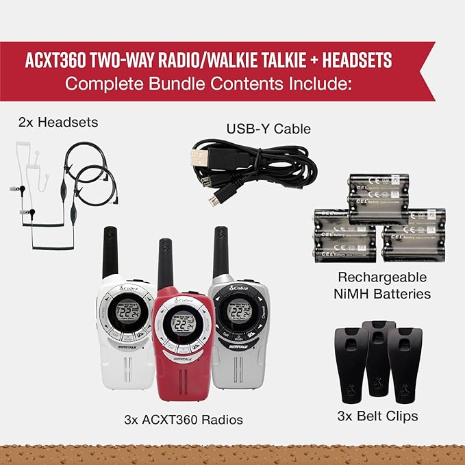 Cobra ACXT360 Water Resistant Walkie Talkies for Adults & Compatible Cobra Surveillance Headset: Rechargeable, 22 Channels, Long-Range, 3 Two-Way Radios, 2 Headsets, White, Silver and Red
