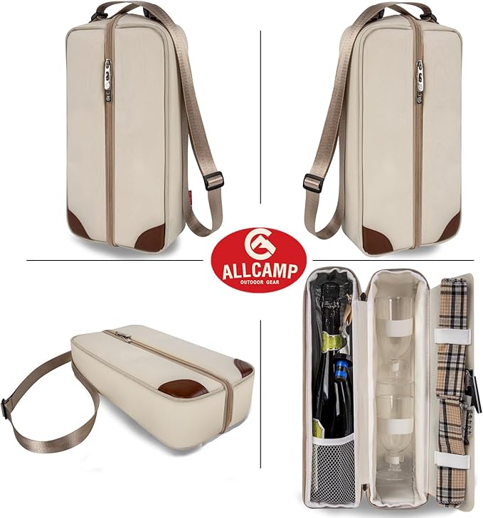 ALLCAMP Wine Tote Bag with Cooler Compartment,Picnic Set Carrying Two Sets of Tableware(Cream-Colored)