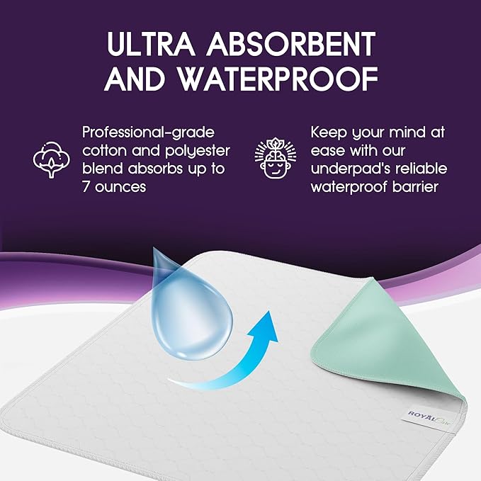 Incontinence Bed Pads - 4 Pack 34"x36" Reusable Waterproof Mattress Protectors - Highly Absorbent, Machine Washable - for Children, Pets and Seniors - Green - Royal Care