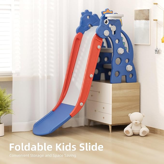 67i Toddler Slide for Indoor & Outdoor Play with Basketball Hoop, Anti-Slip Steps, 46.8in Baby Climber (Blue)