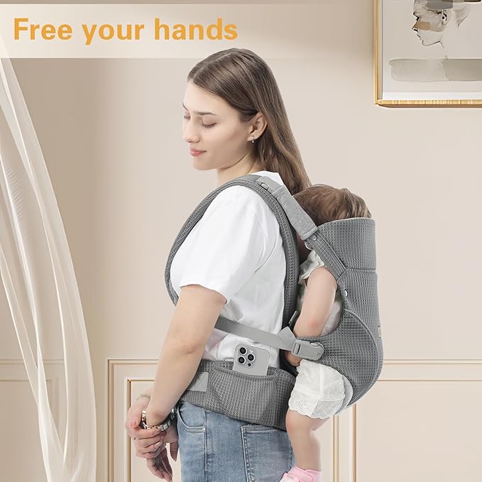 Baby Carrier Newborn to Toddlers - Ergonomic Adjustable Soft Breathable Comfort Infant Carrier for 7-35lbs, Enhanced Support, Easier to Wear (Grey)