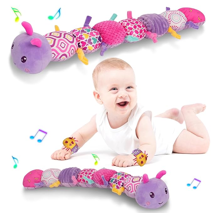 Baby Girls Toys 0-6 Month Baby Stuffed Animal Toys for 0-6 6-12 Months & A Pair of Wrist | Baby Musical Caterpillar Tummy Time Toy | Newborn Infant Sensory Toy for 1 2 Years Old Boys Girls.