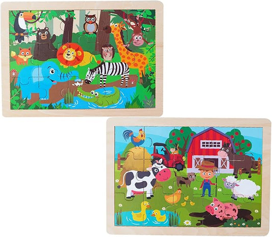 Animals Wooden Jigsaw Puzzle for Kids Set of 2 - African Wildlife and Farm Animals(15 pcs) Preschool Educational Learning Toys Gift for Toddlers Boys and Girls