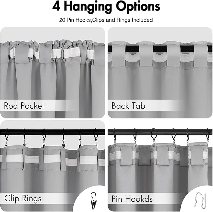 ANRODUO Back Tab Blackout Curtains for Bedroom Living Room, Rod Pocket Pinch Pleated Thermal Insulated Room Darkening Curtains 54 Inches Long 2 Panels, Light Grey, 42 x 54 Inch
