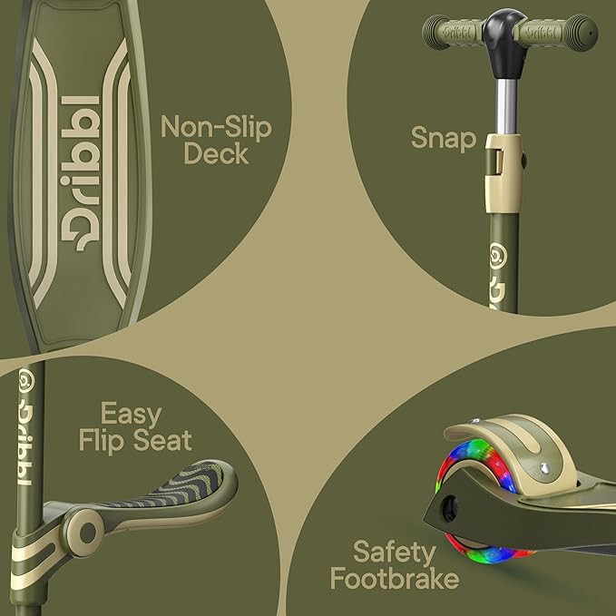 Army 3 Wheel Scooter with Seat for Kids – Light-Up LED Wheels, Adjustable Handlebar and Seat, Smooth PU Wheels, Wide Anti-Slip Deck, Rear Foot Brake – Toddler Outdoor Toys for Ages 2+