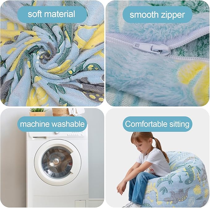 Bean Bag Chair for Kids, Toddler Beanbag Bed Unicorn, Convertible Children Bean Chair to Floor Mattress with Filler, Stuffed Child Bean Bags for Girl Boy Sleeping, Blue Dino