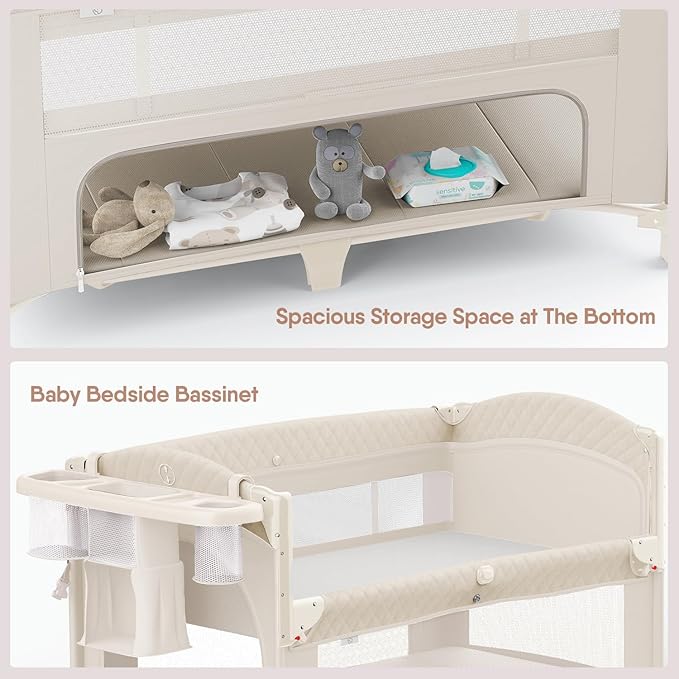 4 in 1 Baby Bassinet, Pack and Play, Bedside Crib Sleeper, Diaper Changer - Comes with Mattress, Mosquito Net,Bottom Storage and Toy Bar for Newborn to Toddles