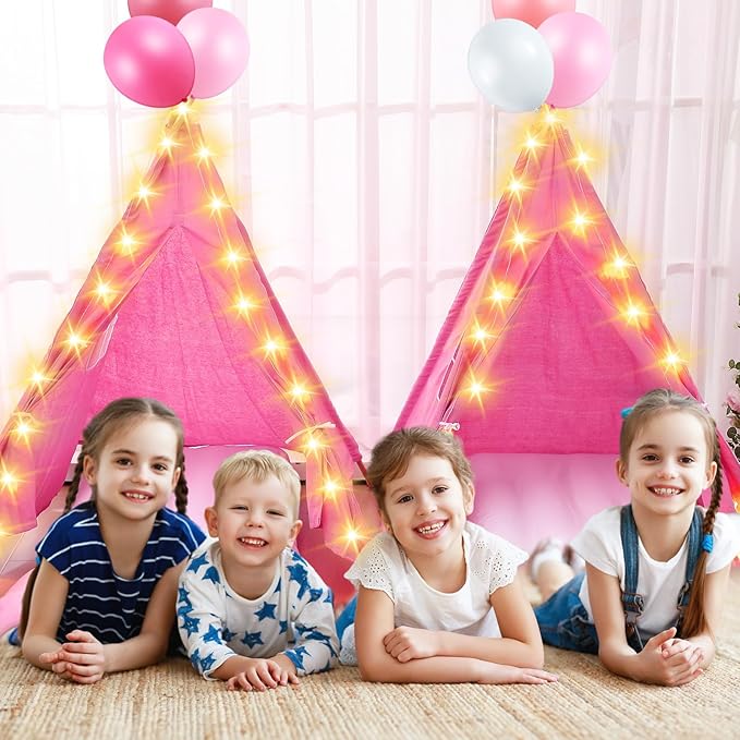 2 Pack Kids Teepee Tent with Mattress,Fitted Sheet,Light String,Washable Natural Cotton Toddler Play Tent for Girls Boys Indoor Outdoor Sleepover Slumber Birthday Party(Rose Red)