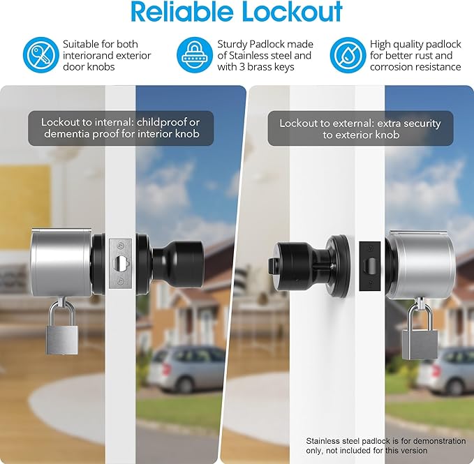 AST Door Knob Lockout Device with SS Padlock and Brass Keys, Childproof Door Knob, Security Lock for Toddler and Dementia Proof, Safety Cover, Doorknob Protection, Matte Silver with SS Padlock