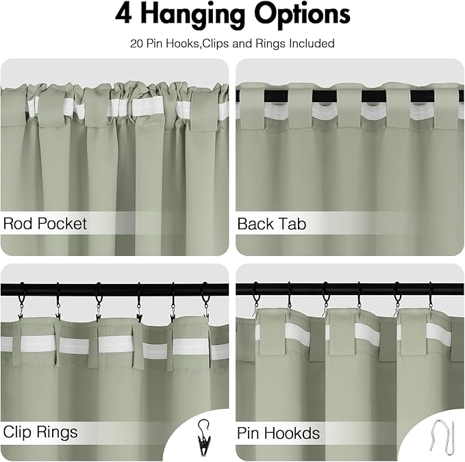 ANRODUO 96 Inch Long Blackout Curtains Sage Green Thermal Insulated Room Darkening Drapes with Hooks, Rings, Clips for Living Room Bedroom 2 Panels Set