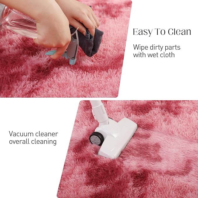 Area Rugs 9x12, Fluffy Rugs for Living Room, Ultra Soft Rugs for Bedroom, Non-Slip Indoor Carpet for Nursery, Kids Room, Playroom, Home Decor, Tie-Dyed Dark Pink