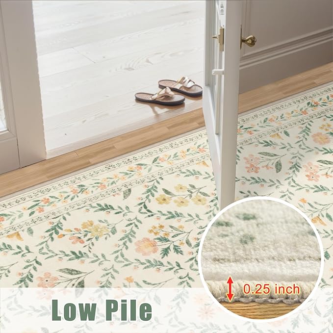 Area Rugs 9x12 Living Room: Floral Washable Rug Vintage Large Soft Boho Non-Slip Carpet Indoor Floor Stain Resistant Low Pile Carpets for Bedroom Dining Room Farmhouse Nursery Home Office Beige/Multi