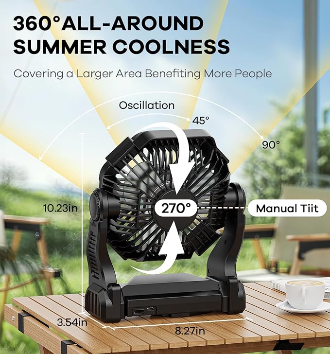 15000mAh Portable Battery Powered Camping Fan - with LED Light, Quiet Battery Operated, Camping Gear for Travel, Tent, Beach, Car or Hurricane Power Outages,Black
