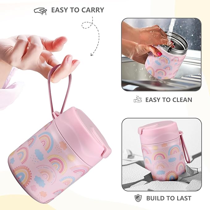 17oz Soup Thermo for Hot Food Kids Insulated Vacuum Food Jar with Stainless Steel Spoon Wide Mouth Thermo Leakproof Lunch Food Container Kids Hot Lunch Box (Pink-Rainbow)