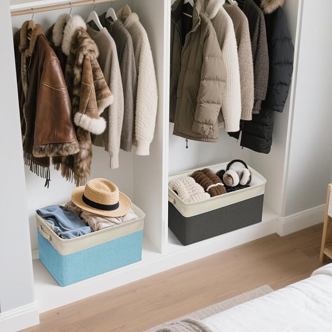 BALEINE 3 Pack Fabric Storage Bins for Shelves, Linen Storage Baskets for Organizing, Decorative Closet Bins for Clothes, Home (Grey, 15"x11"x9.5")