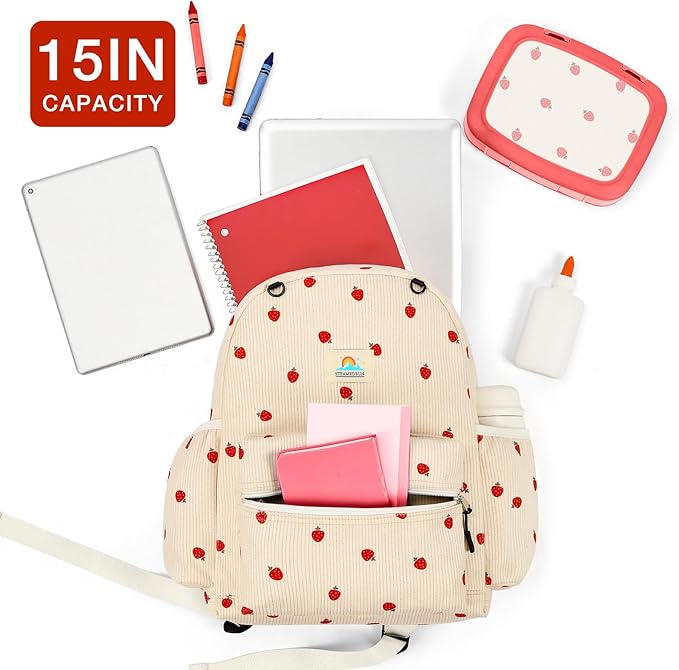 Corduroy Kids Backpack for Girls and Boys 5-8: Girls Backpack for Elementary Kindergarten - 15 inch Cute Backpacks for Kids - Strawberry