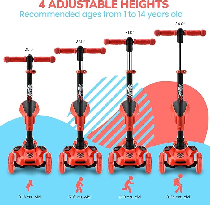 Hurtle 3-Wheeled Scooter for Kids - Wheel LED Lights, Adjustable Lean-to-Steer Handlebar, and Foldable Seat - Sit or Stand Ride with Brake for Boys and Girls Ages 1-14 Years Old