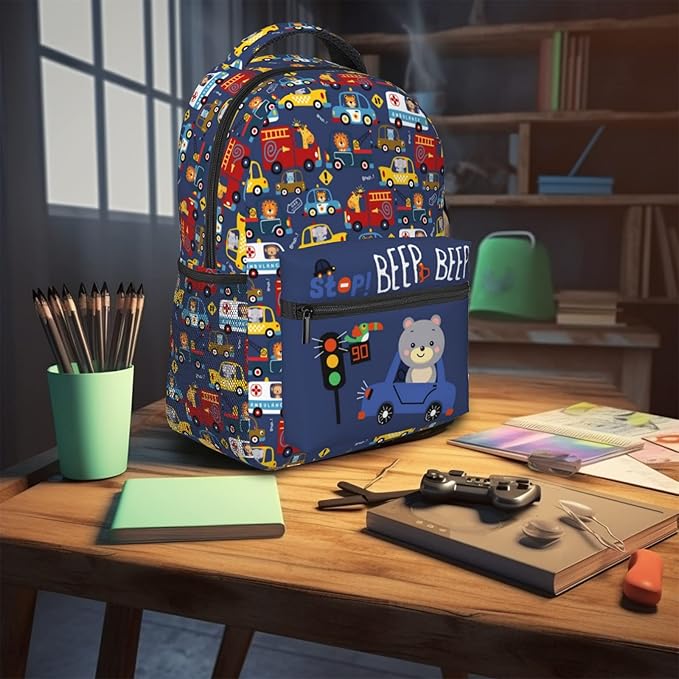 Cartoon Car Animal Backpack For Kids School Boys Girls, Bear & Traffic Light Design, Lightweight Waterproof Ergonomic Backpack For Age 3-5 5-7 7-9 9-12 School Book Bag Daypack Outdoor Play