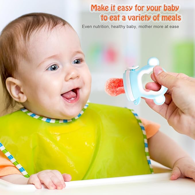 Baby Fruit Food Feeder - Silicone Nibble Tray Combo - Breastmilk Popsicle Mold for Cooling Relief, BPA Free Mesh Feeder for Infant Self Feeding (Monkey Blue + Pineapple)